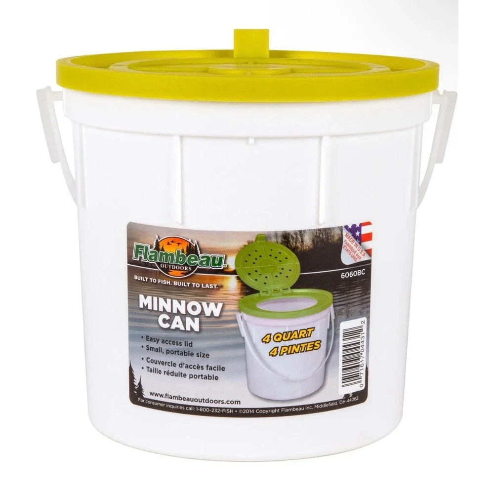 Flambeau Outdoors 4 Quart Minnow Can Bait Bucket White Green 6060BC USA Made